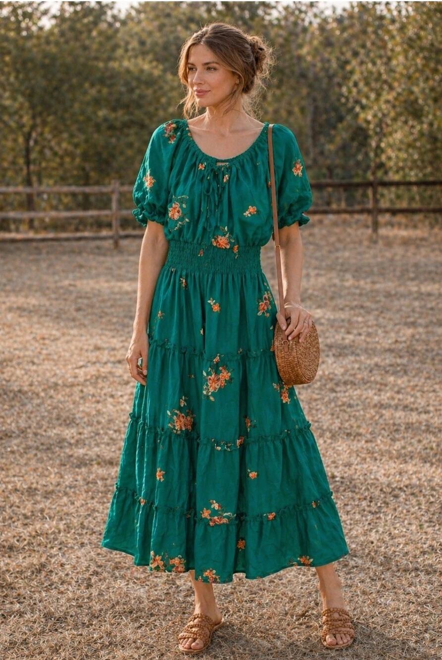 Anthropologie Kindred Women’s Green Embroidered Floral Tiered Maxi Dress Size L